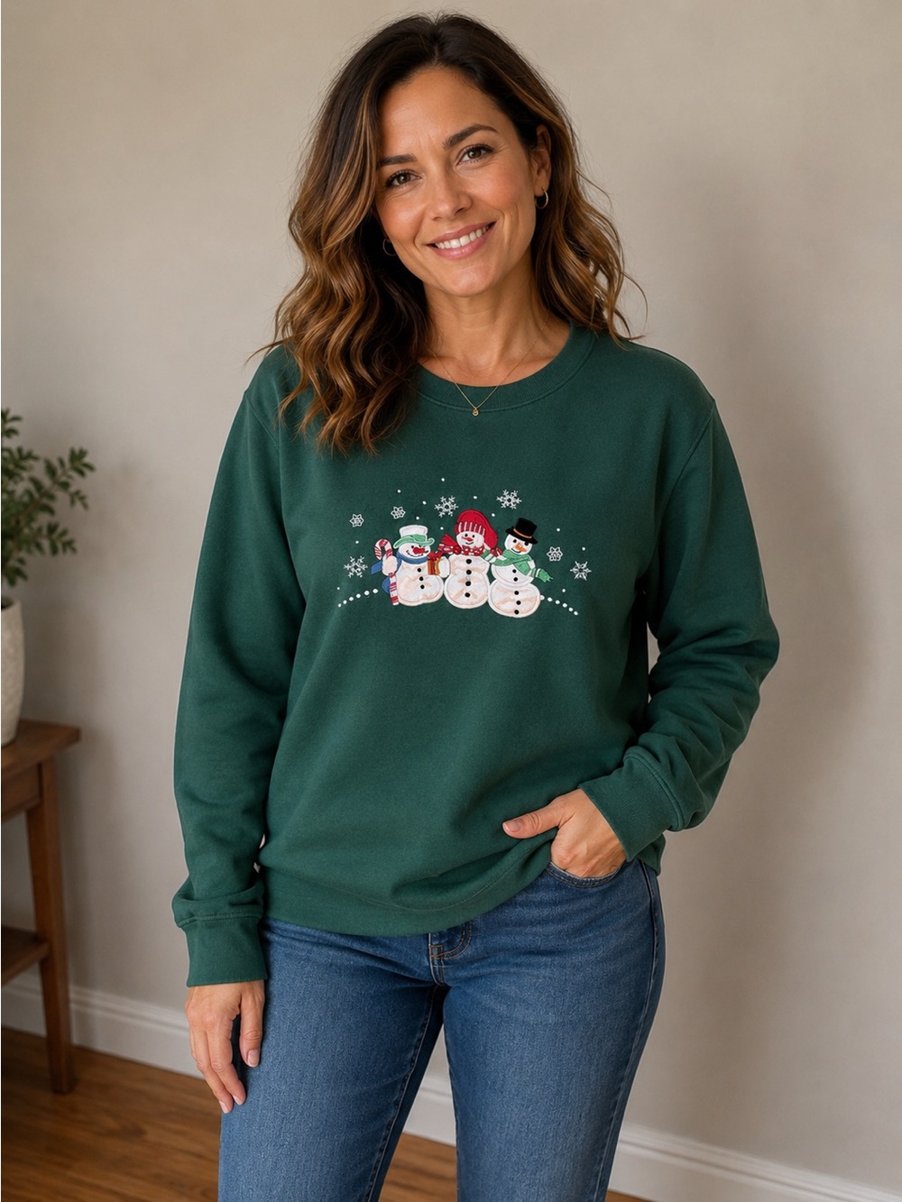 Vintage Basic Editions Embroidered Green Snowman Sweatshirt Large